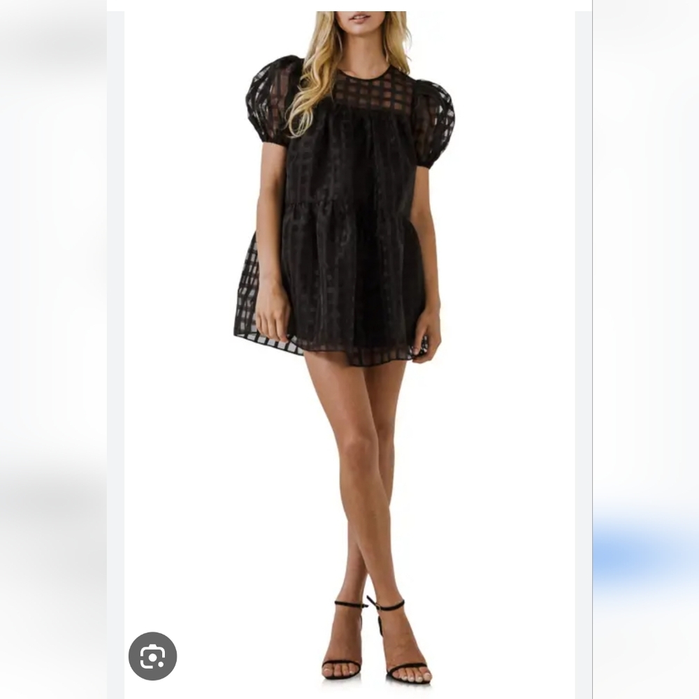 English Factory Gridded Puff Sleeve Dress Sz M Babydoll NWT